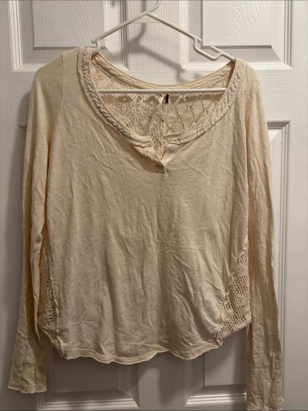 Free People Light Cream Crochet-Detail Long Sleeve Tee